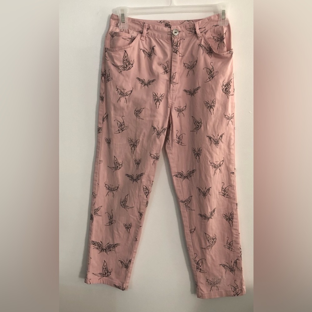Women’s  high rise dressing skinny pants butterfly graphic five pockets  pink. L